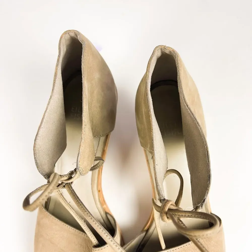 Eileen Fisher Ann Ankle Tie Leather Chunky 3” Heel Sandals Gray Beige - 7.5